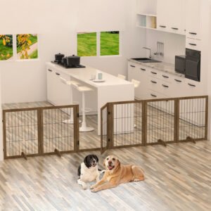 Dog Gate With Door Walk Through 144inch Extra Wide 32inch Tall 6 Panels Foldable Wire Pet Gate Barrier For House Doorway Stairs Pet Puppy Safety Fence Support Feet Included Solid Hard Wood