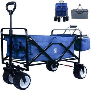 Collapsible Wagon,Wagons Carts Foldable Grocery Cart On Wheels Beach Wagon Foldable Cart With Wheels, Cooler Bag, Cup Holders,Cargo Net,Shopping, Garden,SportsBlue