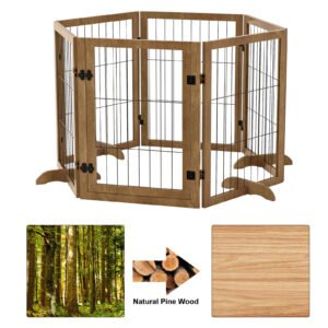 Dog Gate With Door Walk Through 144inch Extra Wide 32inch Tall 6 Panels Foldable Wire Pet Gate Barrier For House Doorway Stairs Pet Puppy Safety Fence Support Feet Included Solid Hard Wood